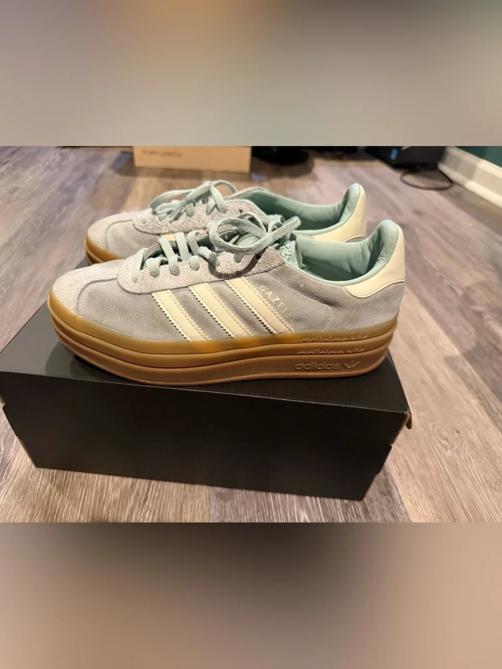 adidas Gazelle Platform Sneakers in Mint Green and Cream with Gum Sole